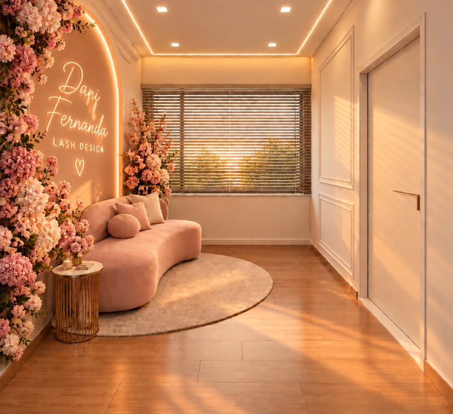 Render original do cantinho instagramável, com sofá orgânico rosa, composição floral e letreiro.